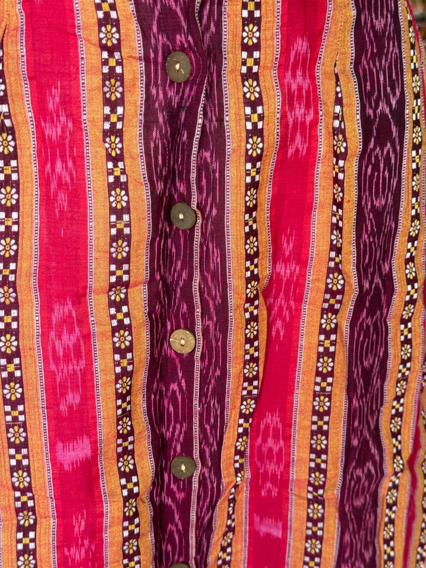 Red and purple ikat handwoven cotton coord set with sleeveless crop top and skirt with front buttons detailing
