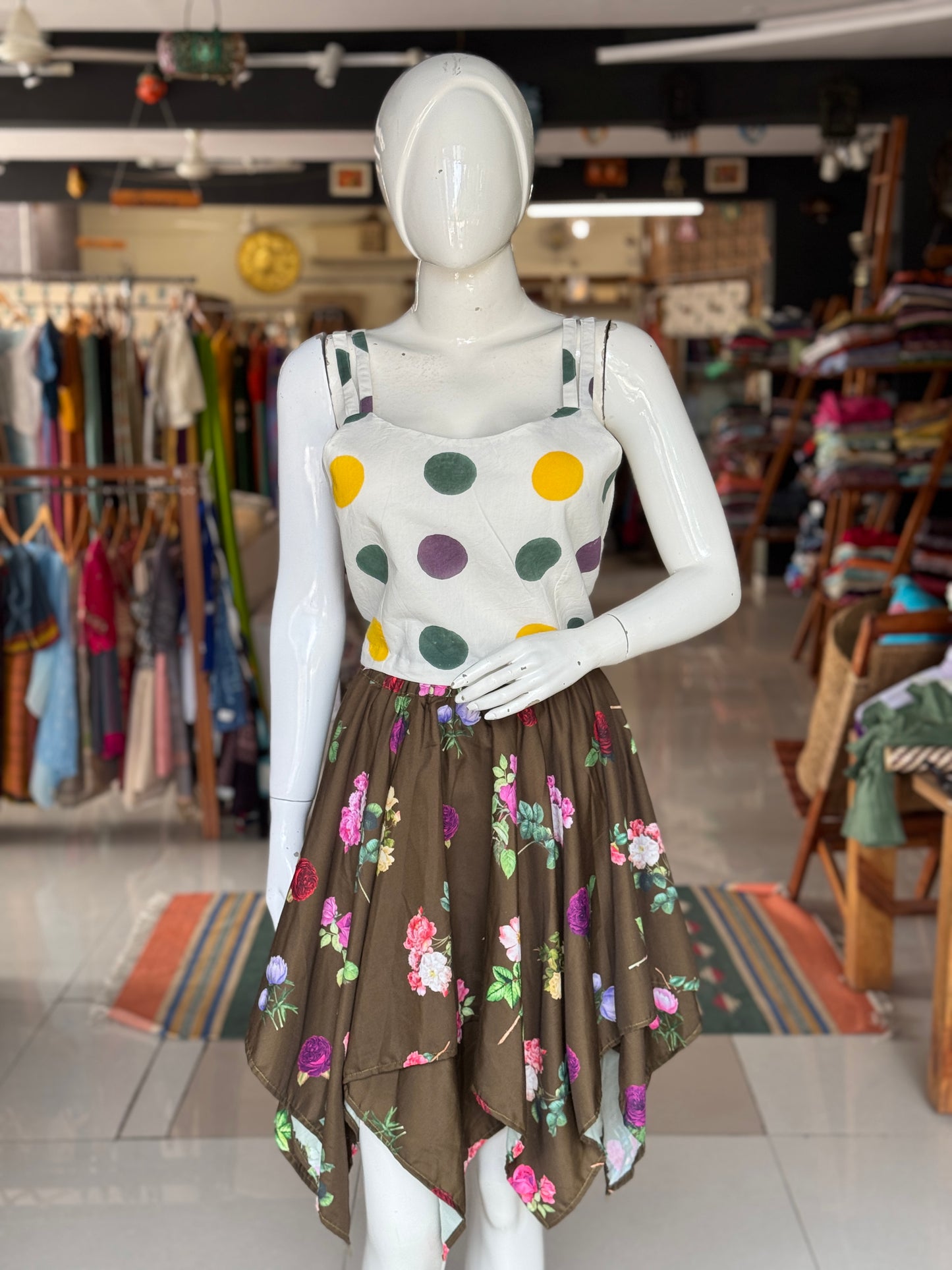 Strappy crop top with colorful circles on white base - cotton hand block printed