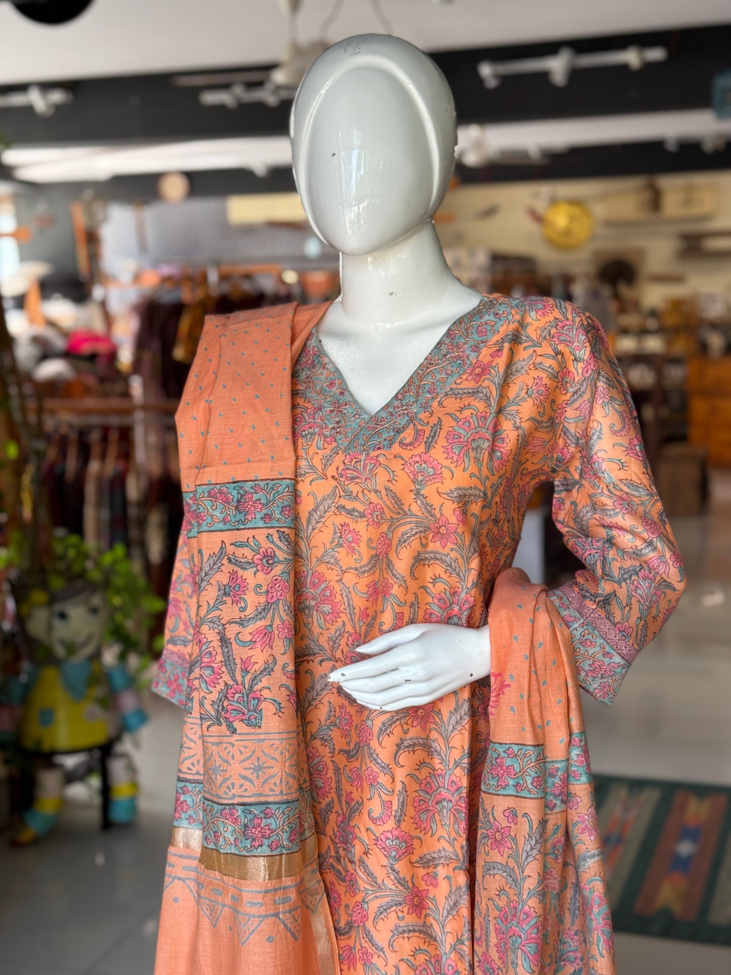 Peachish orange hand block print chanderi hand embroidered straight v-neck kurti, pants and dupatta - 3 piece suit set