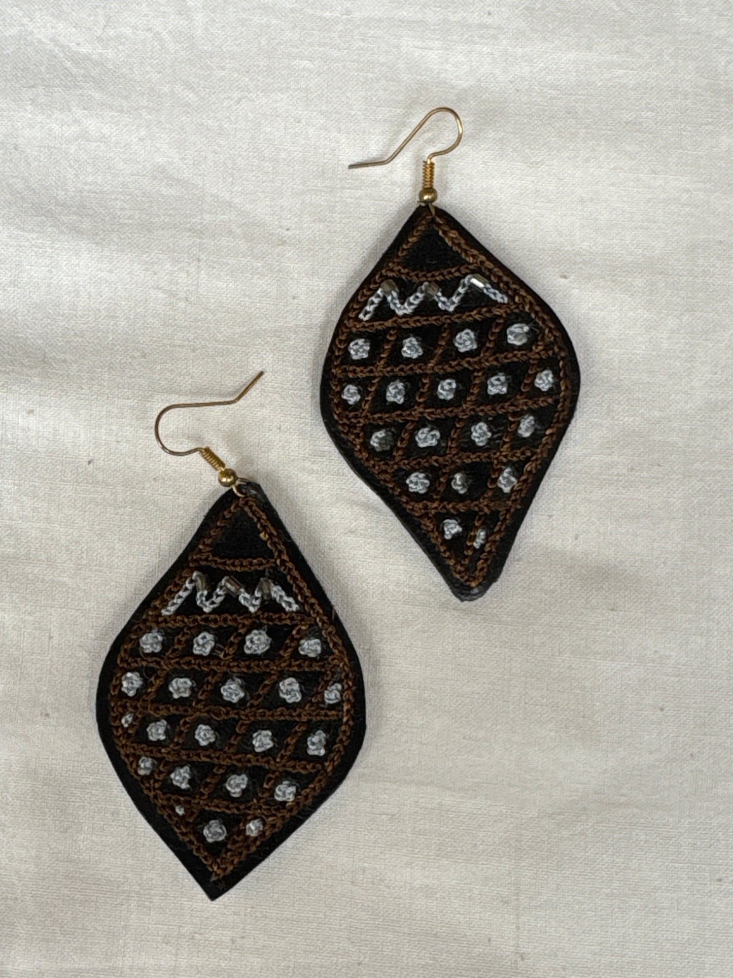 Leather with hand embroidery light weight earrings - shapes, designs and color choice available