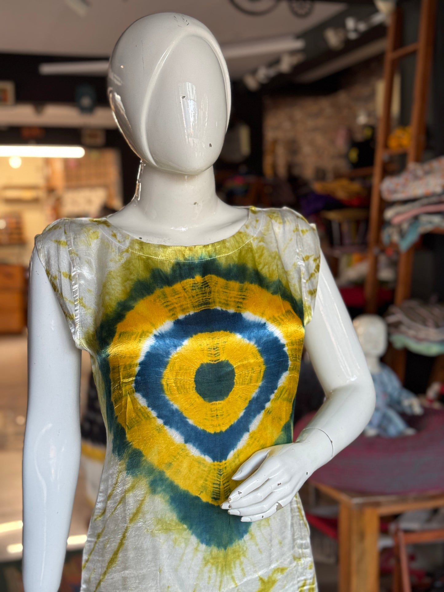 White, green, yellow, blue diamonds design soft modal tie n dye kurti