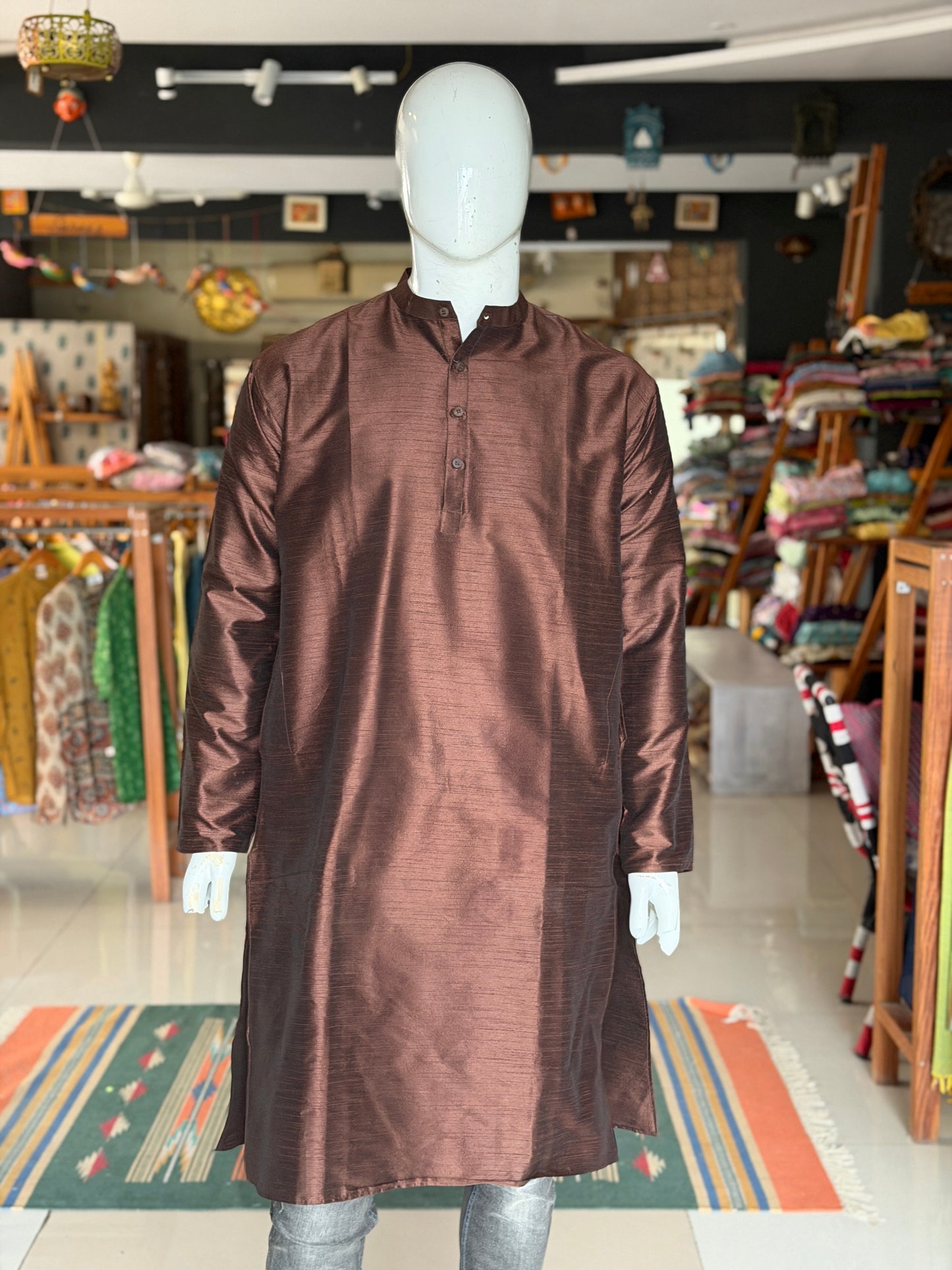 Brown art silk full sleeves long kurta for men