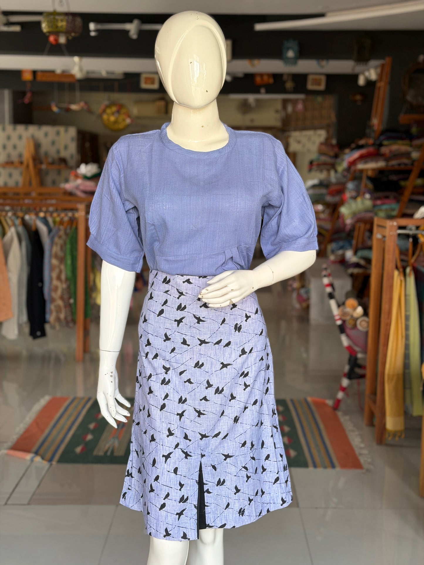 Lavender birds print cotton a-line skirt