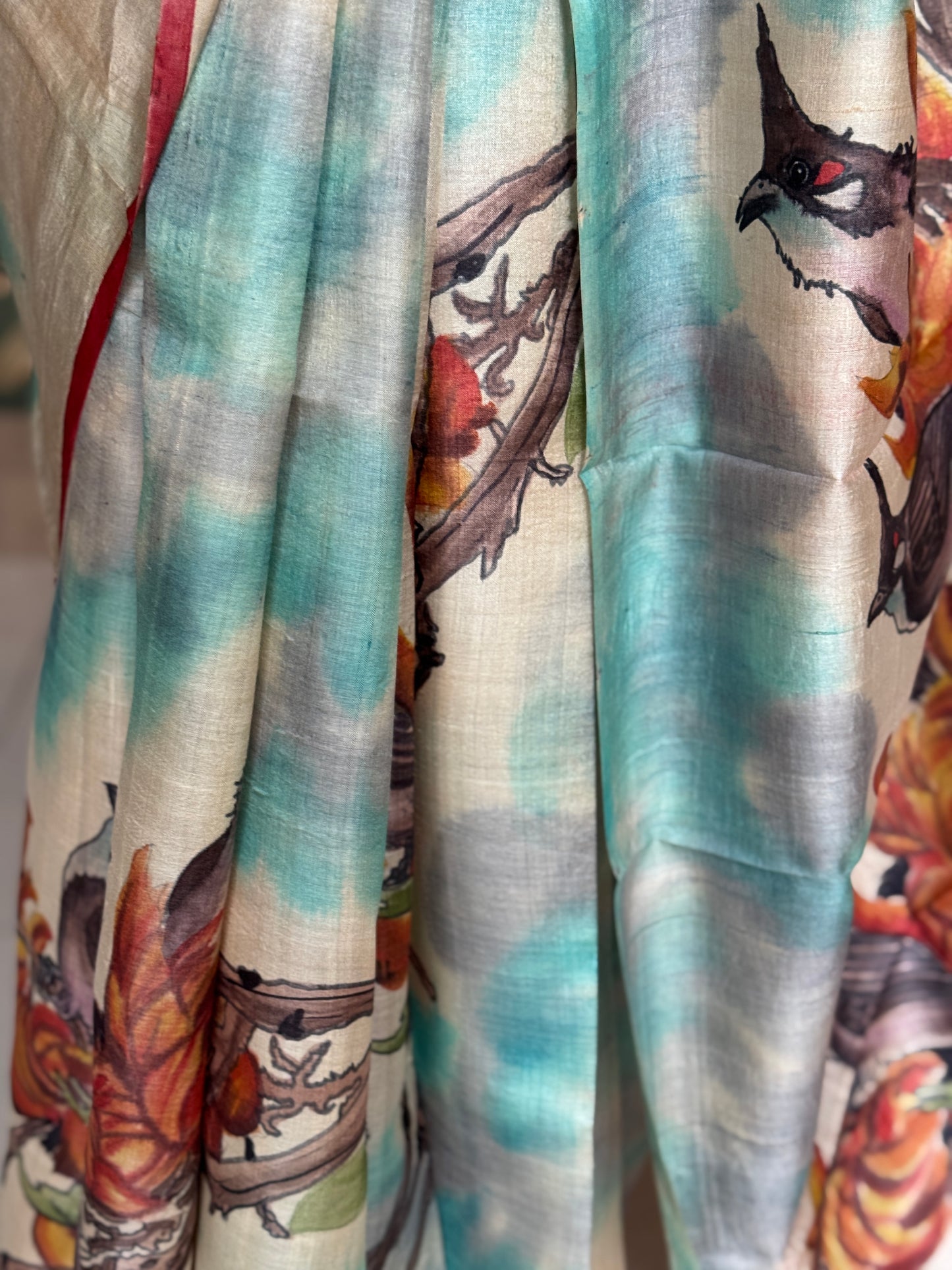Birds in nest - hand painted pure tussar silk saree