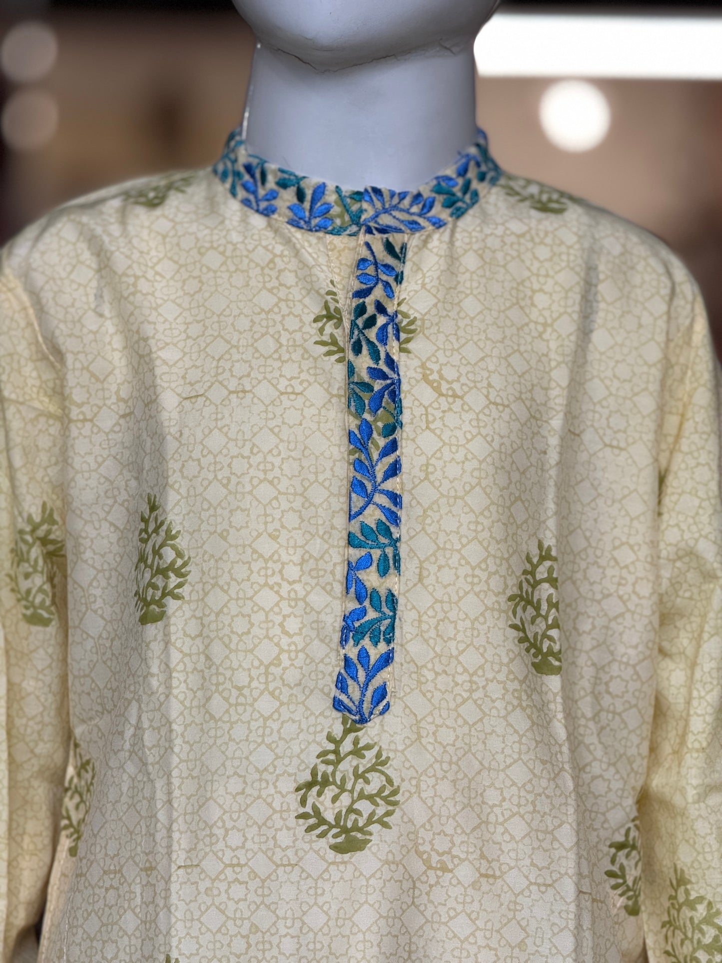 Light Yellow with leaves handblock printed, embroidered cotton long kurta for boys