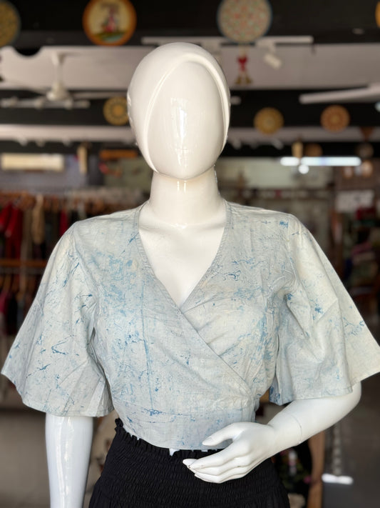 Indigo Dabu hand block printed, natural dyed, wrap style free size cotton crop top blouse