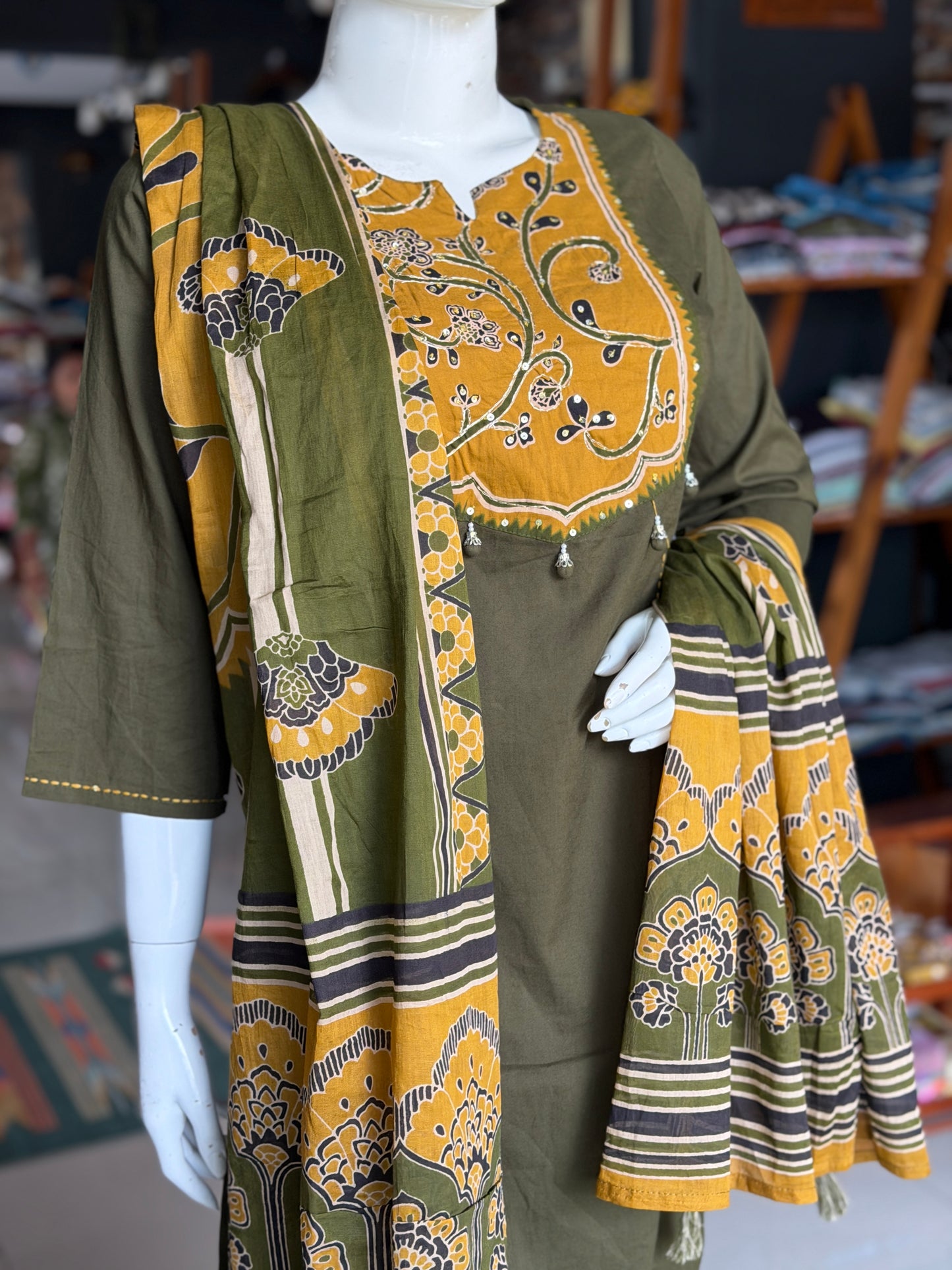 Green patch work straight cut kurti, pants and dupatta - 3 piece set