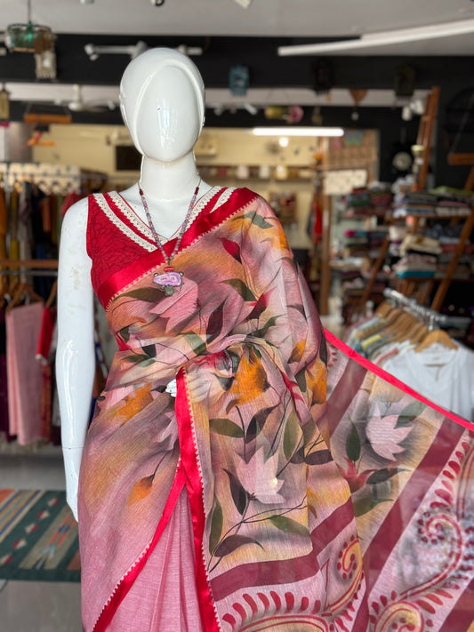 Pink floral hand painted cotton saree