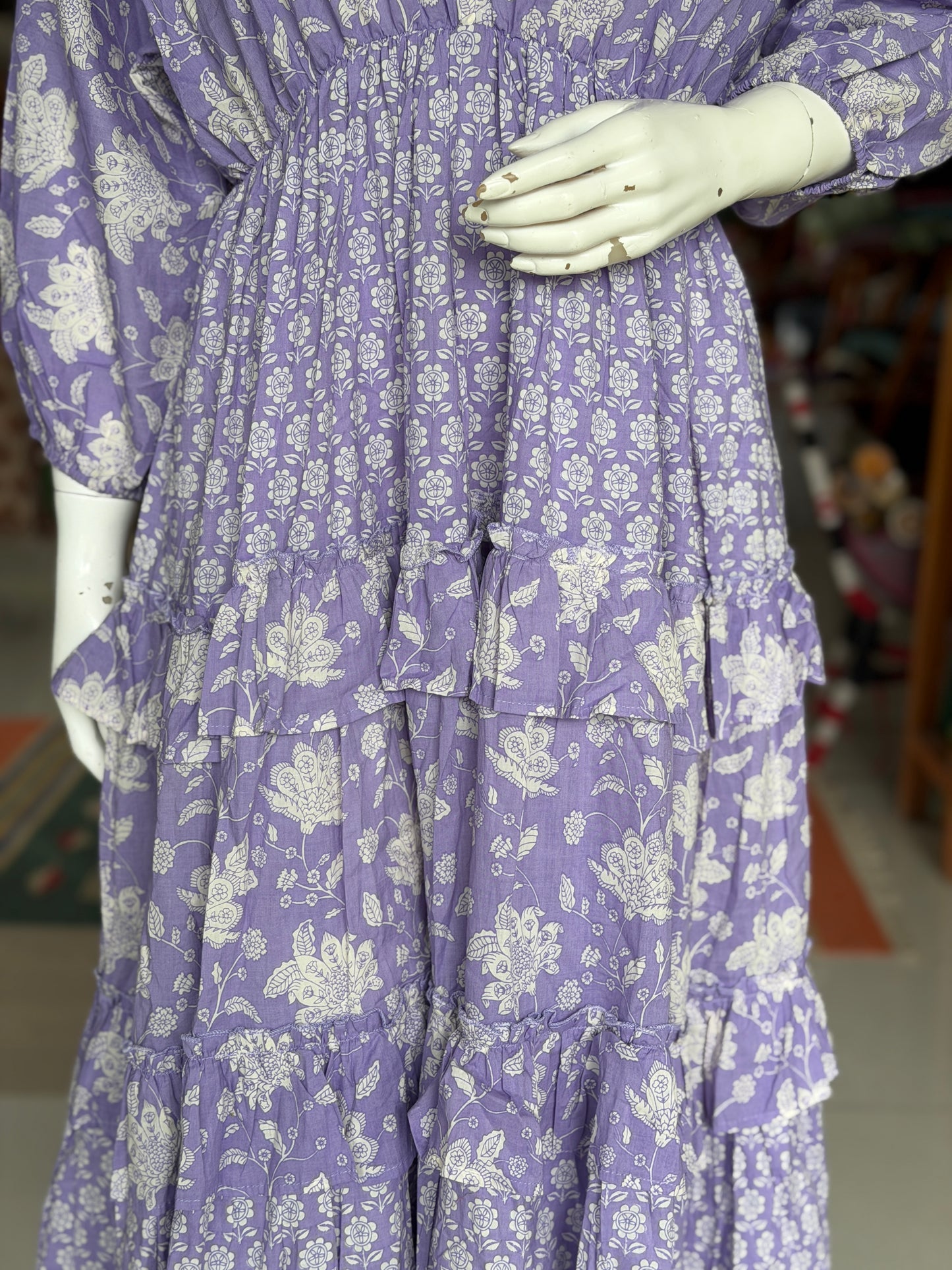 Lavender floral cotton tiered frills dress - free size with elastic waist