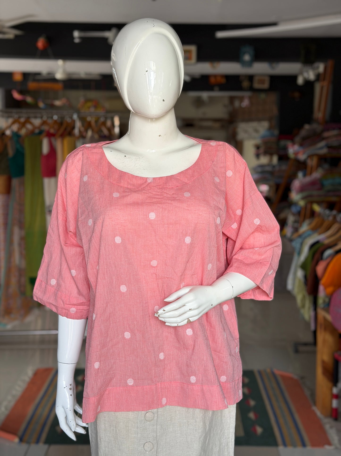 Peach Jamdani boxy handloom cotton top with hand woven fabric belt
