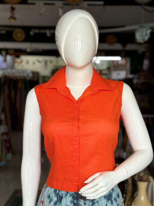 Orange plain cotton top with collar