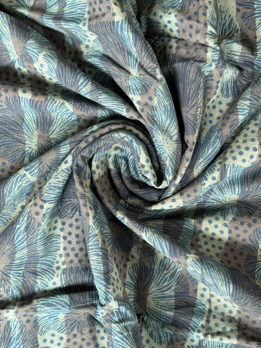 Blue green dots and flowers hand block printed cotton fabric - double dabu print