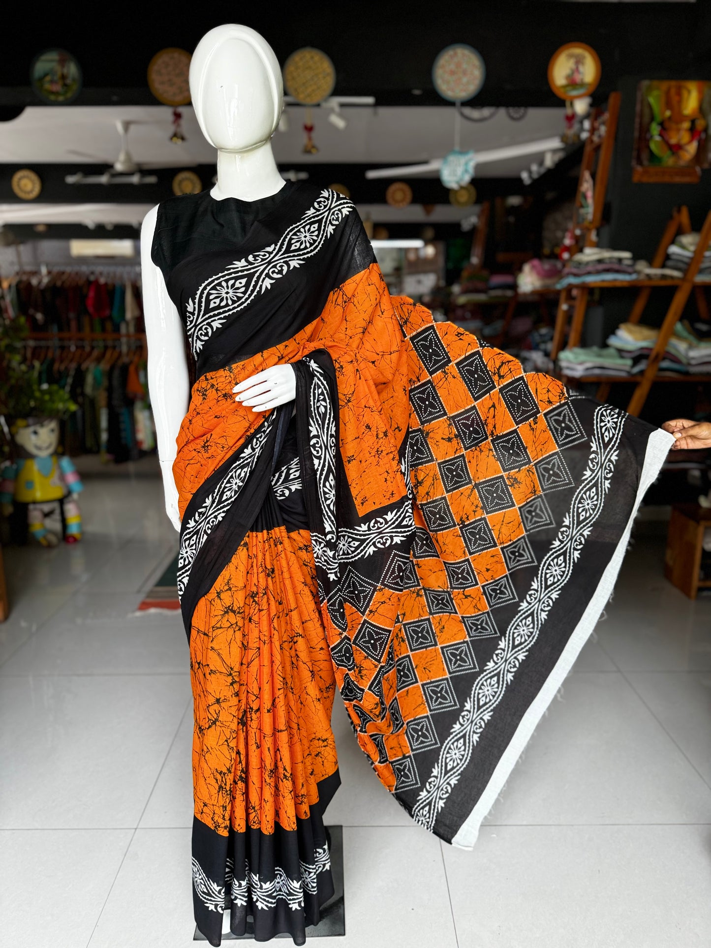 Orange and black hand block print soft mul saree