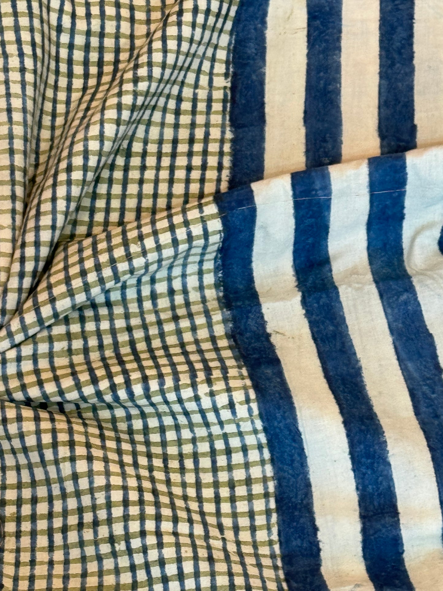 Checks and stripes pattern hand block printed natural dyed designer cotton fabric - 45 inches wide panna