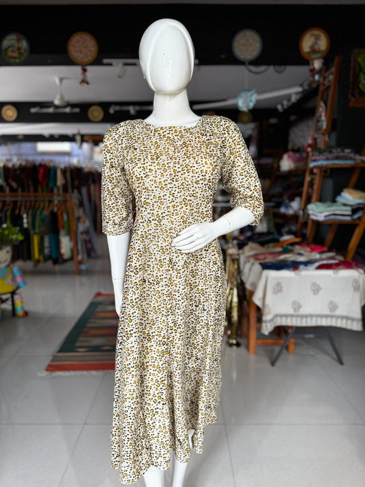 Leopard hand block printed cotton kalis dress