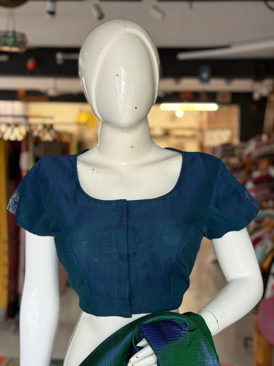 Teal blue Assam hand woven blouse with silver butis - front open with lining - design options available