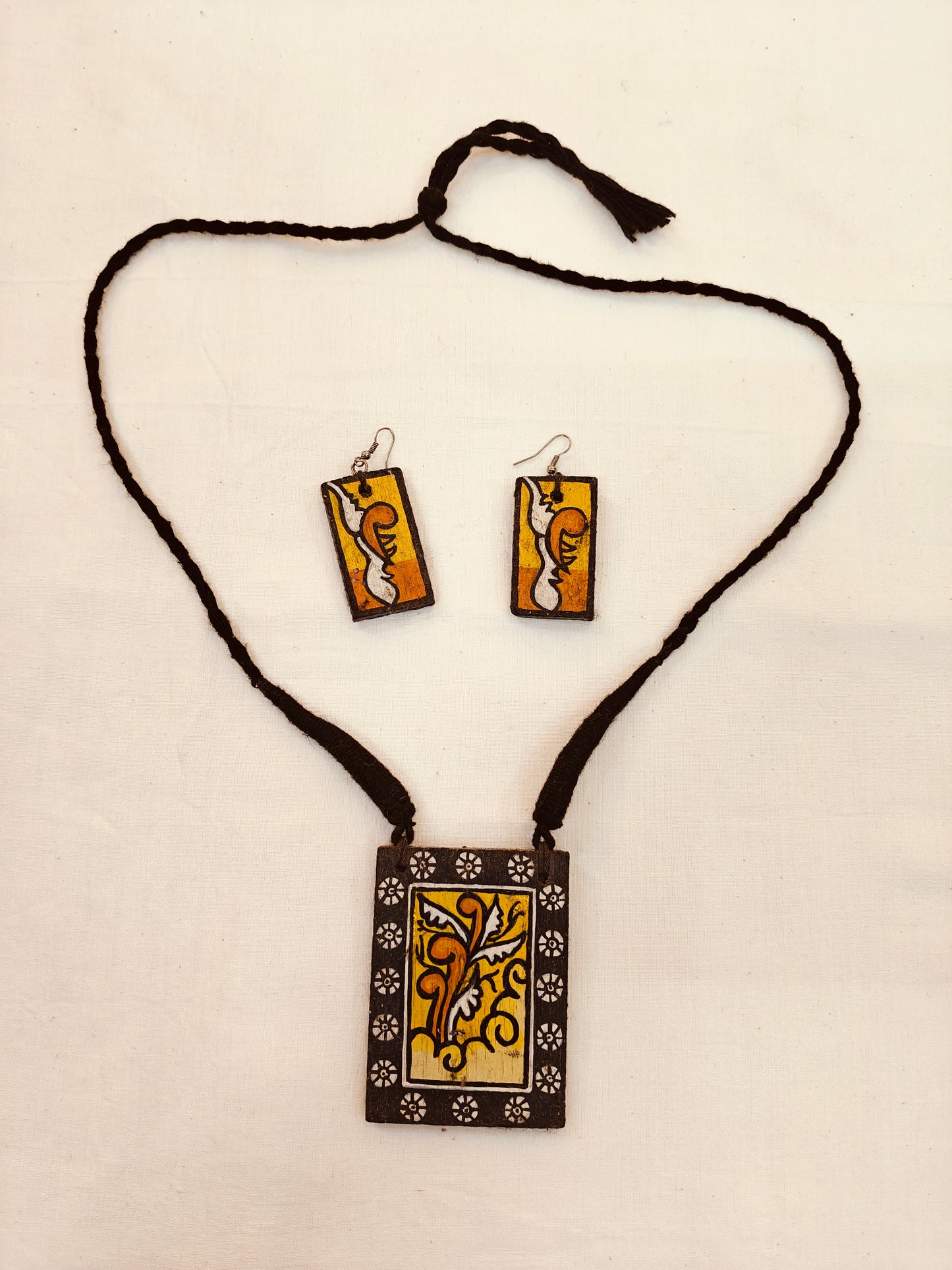 Black hand painted wooden neckpiece, earrings set