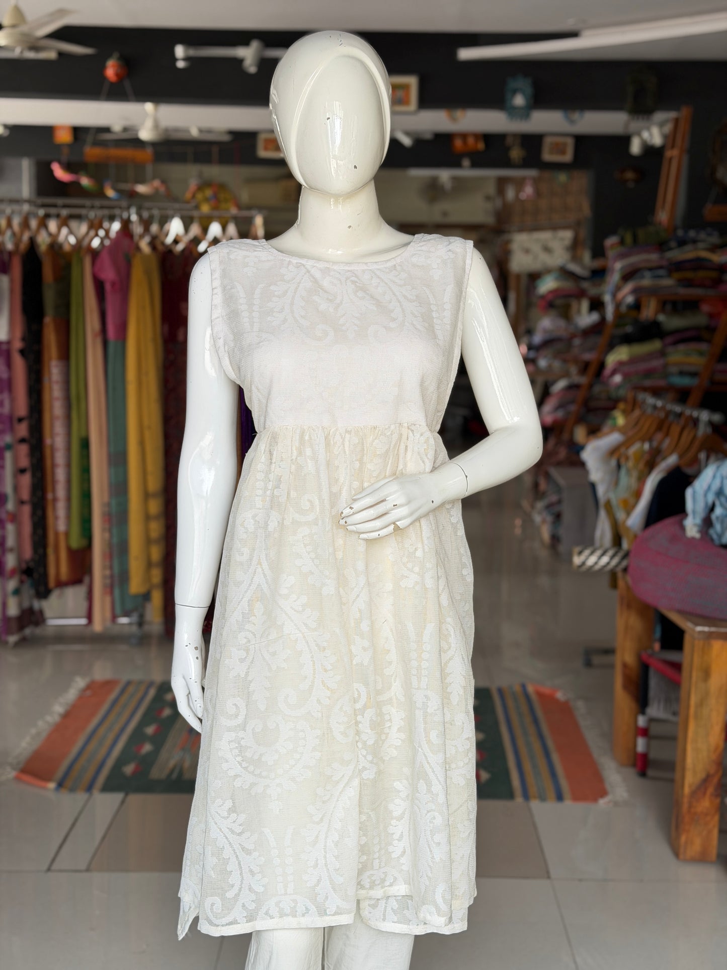 Off white banaras cotton cut work side ties dress / Kurti