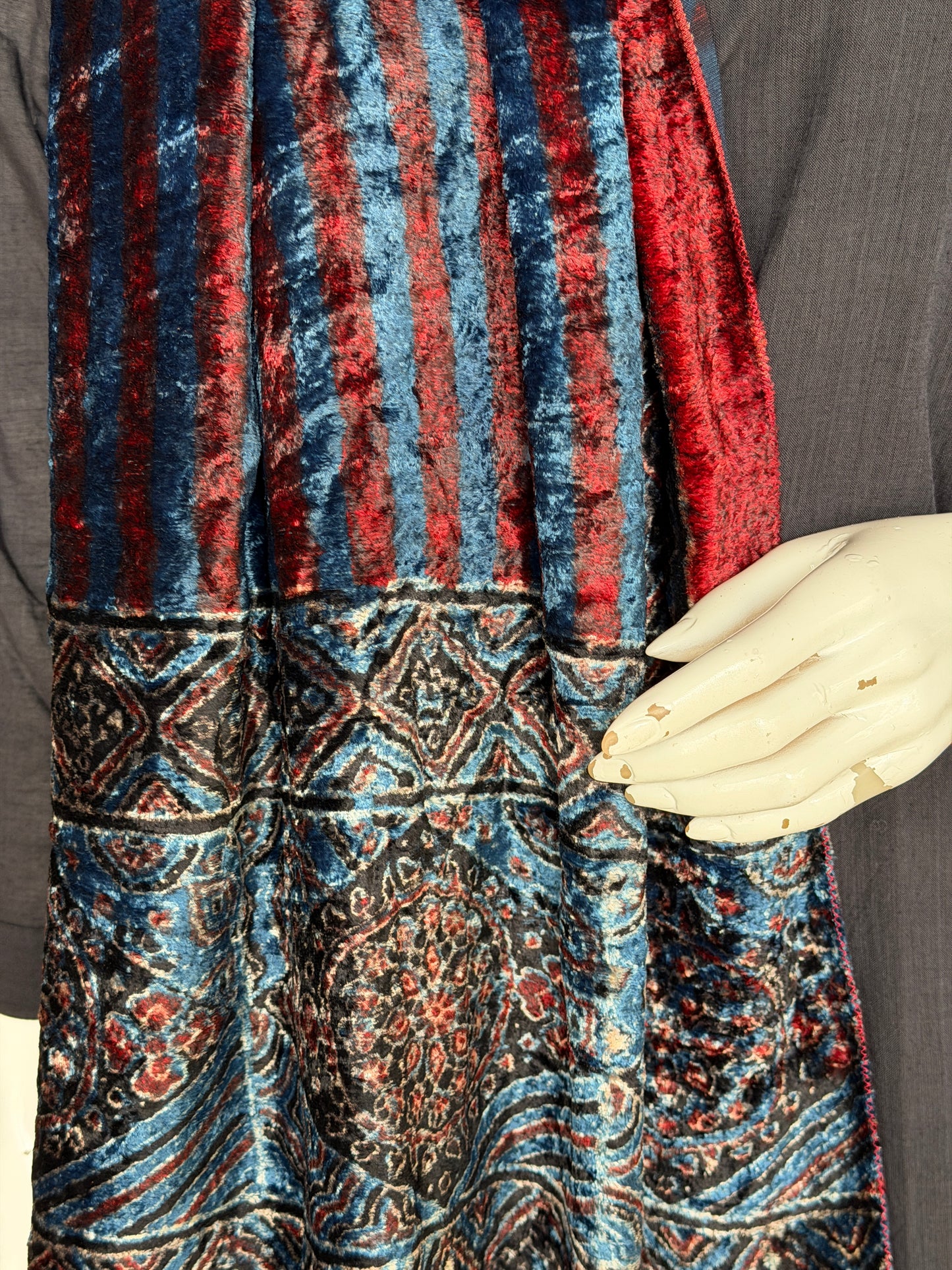Luxurious Ajrakh hand block printed velvet stole