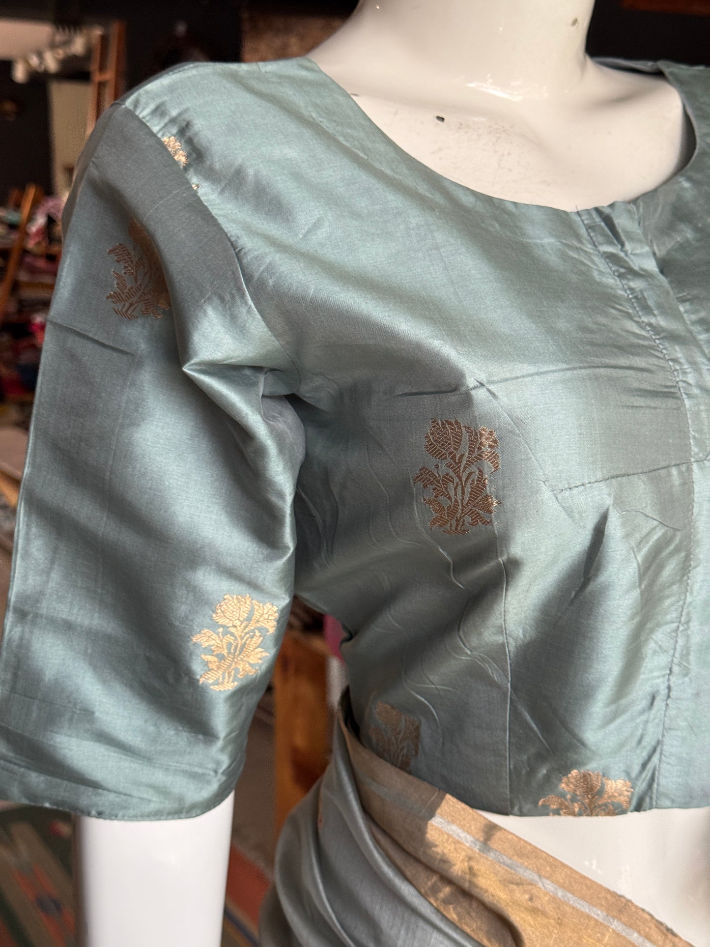 Greyish blue hand woven pure silk blouse with flower butis - front open, with lining
