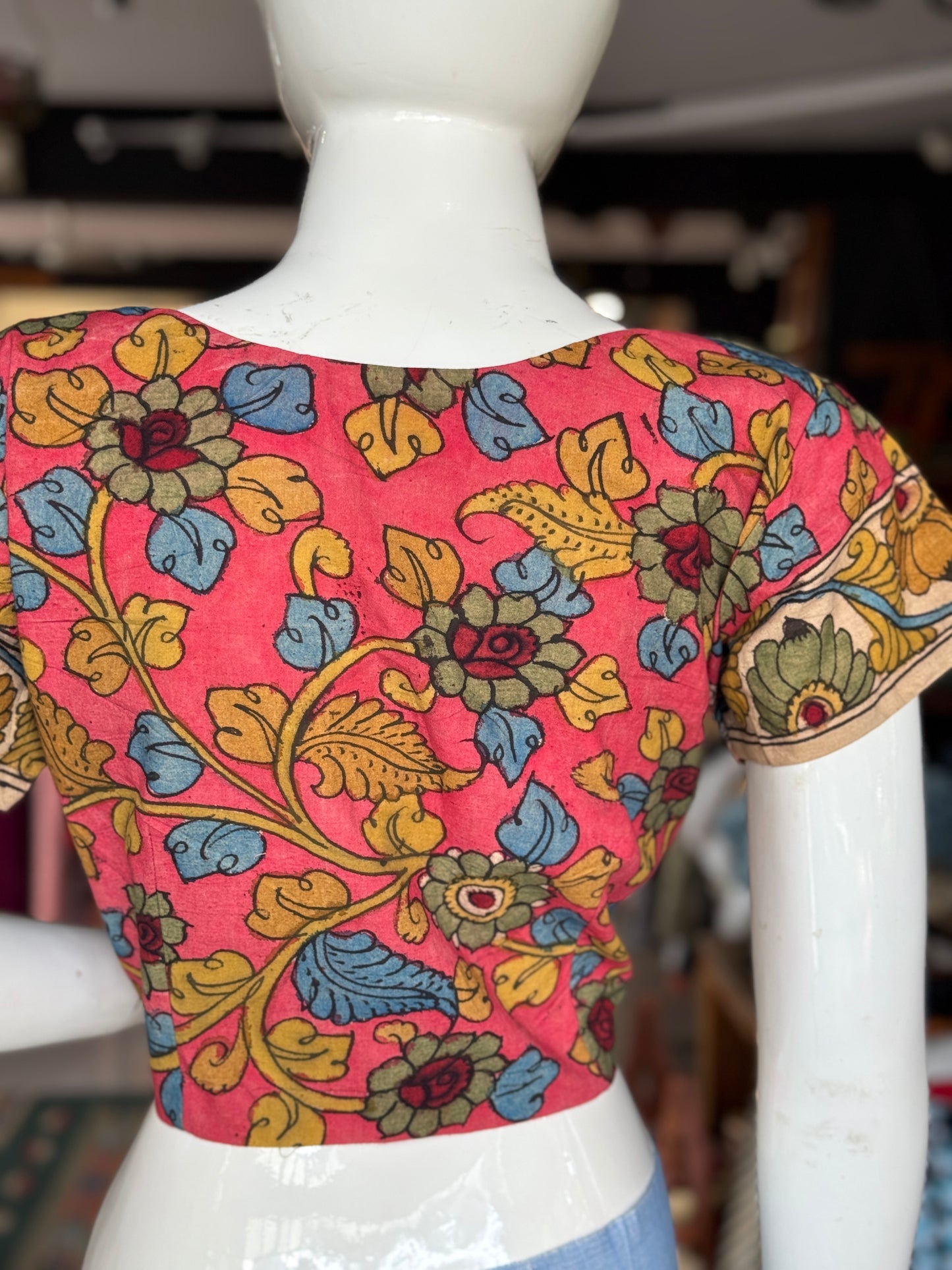 Pen kalamkari hand painted cotton with sleeves blouse with lining - multiple colors and designs available