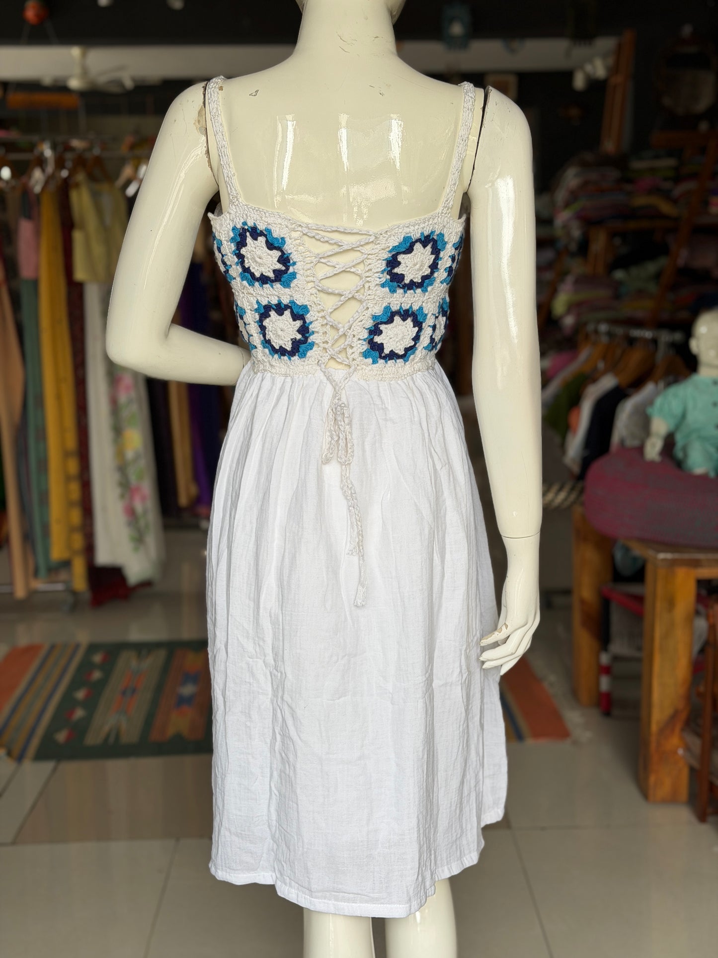 White crochet frock with granny squares yoke for teen girls / adults - adjustable back