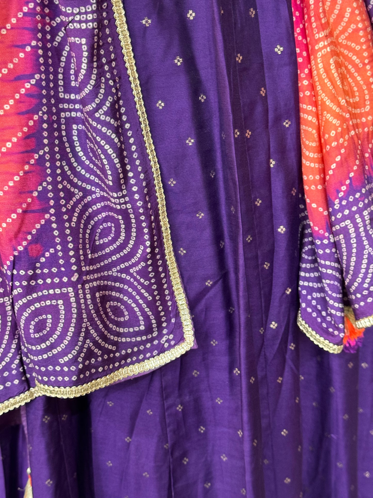 Violet silk cotton anarkali full sleeves 3 piece suit set with colorful dupatta- festive wear set