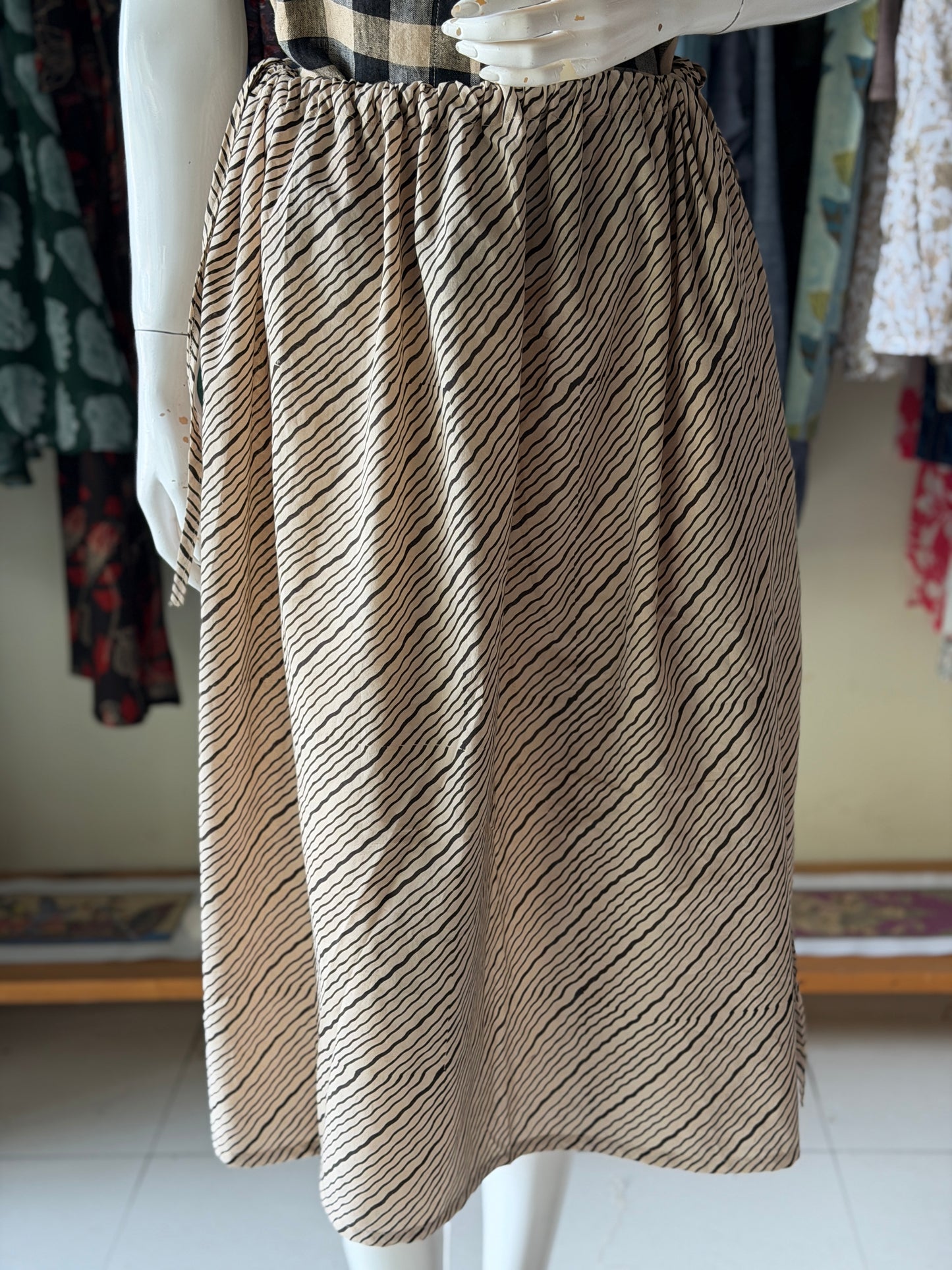 Beige black wavy stripes hand block printed viral jalu cotton skirt - free size with both sides draw string