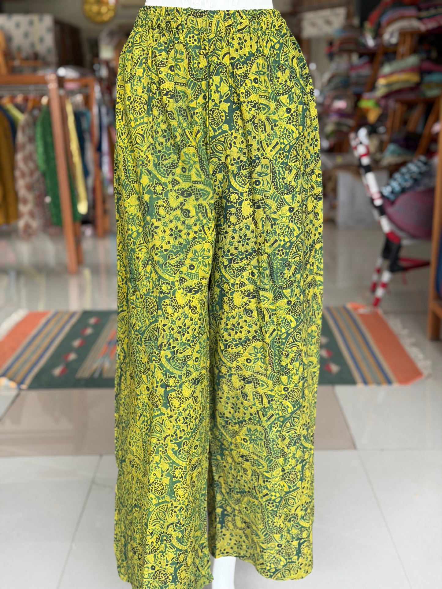 Green and yellow cotton hand block printed Ajrakh free sized pants