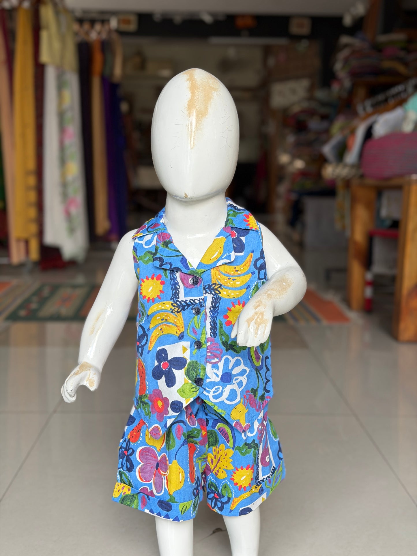 Blue flora and fauna print collared sleeveless crop top and shorts coord set
