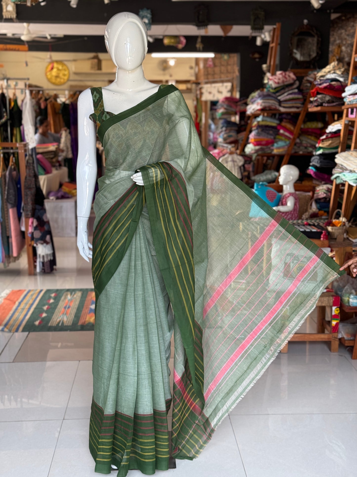 Dark green plain cotton saree with stripes wide border light weight soft handloom Bobbili cotton saree
