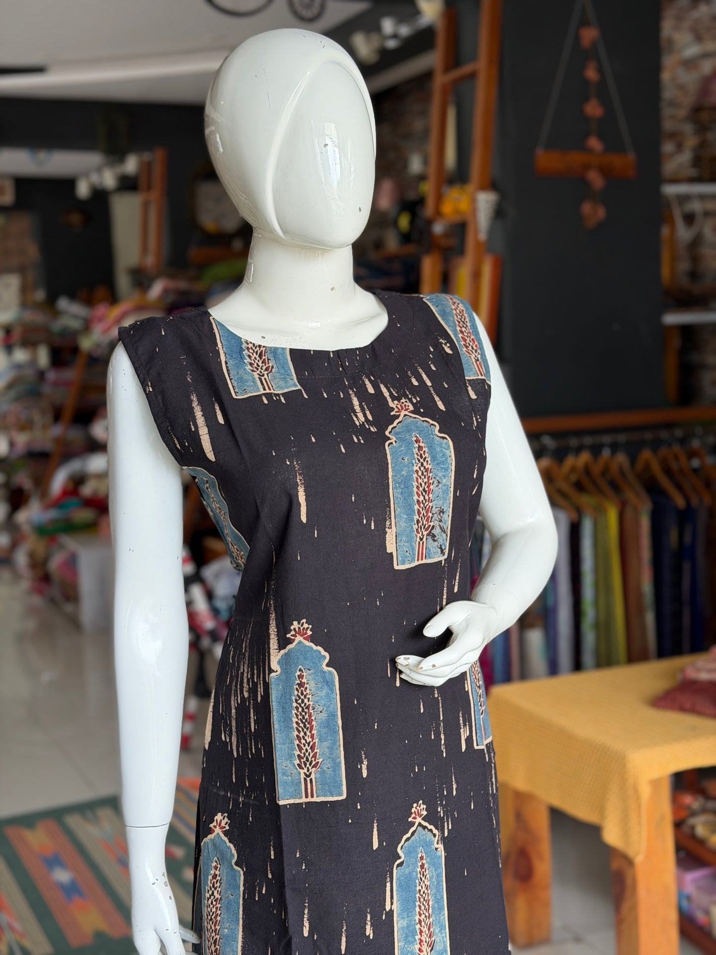 Black jharokha Ajrakh hand block printed cotton sleeveless straight kurti