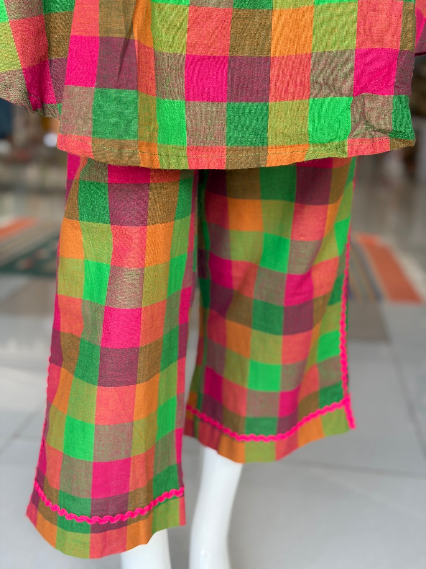 Colorful checks with lace details cotton coord set