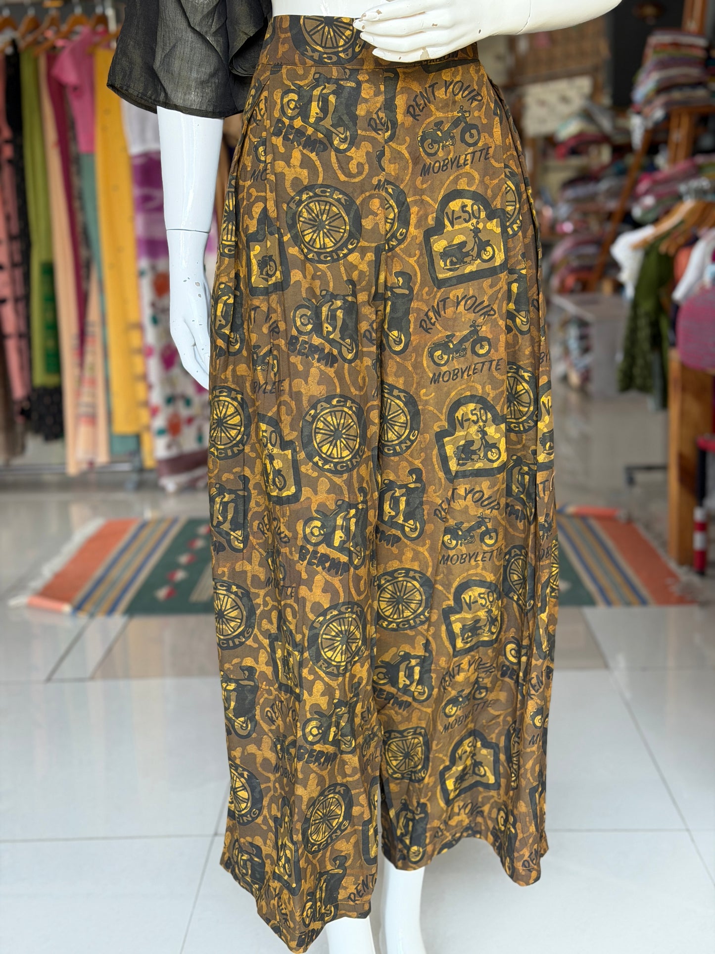 Moss green racing scooters hand block printed cotton barrel pants - double dabu print