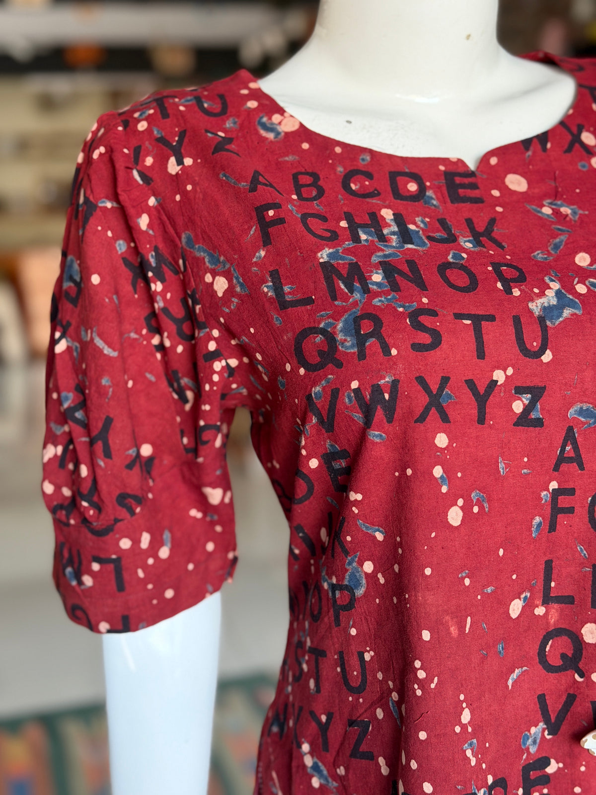 Maroon ABC alphabet Ajrakh hand block printed cotton dress with side Kantha cotton frills