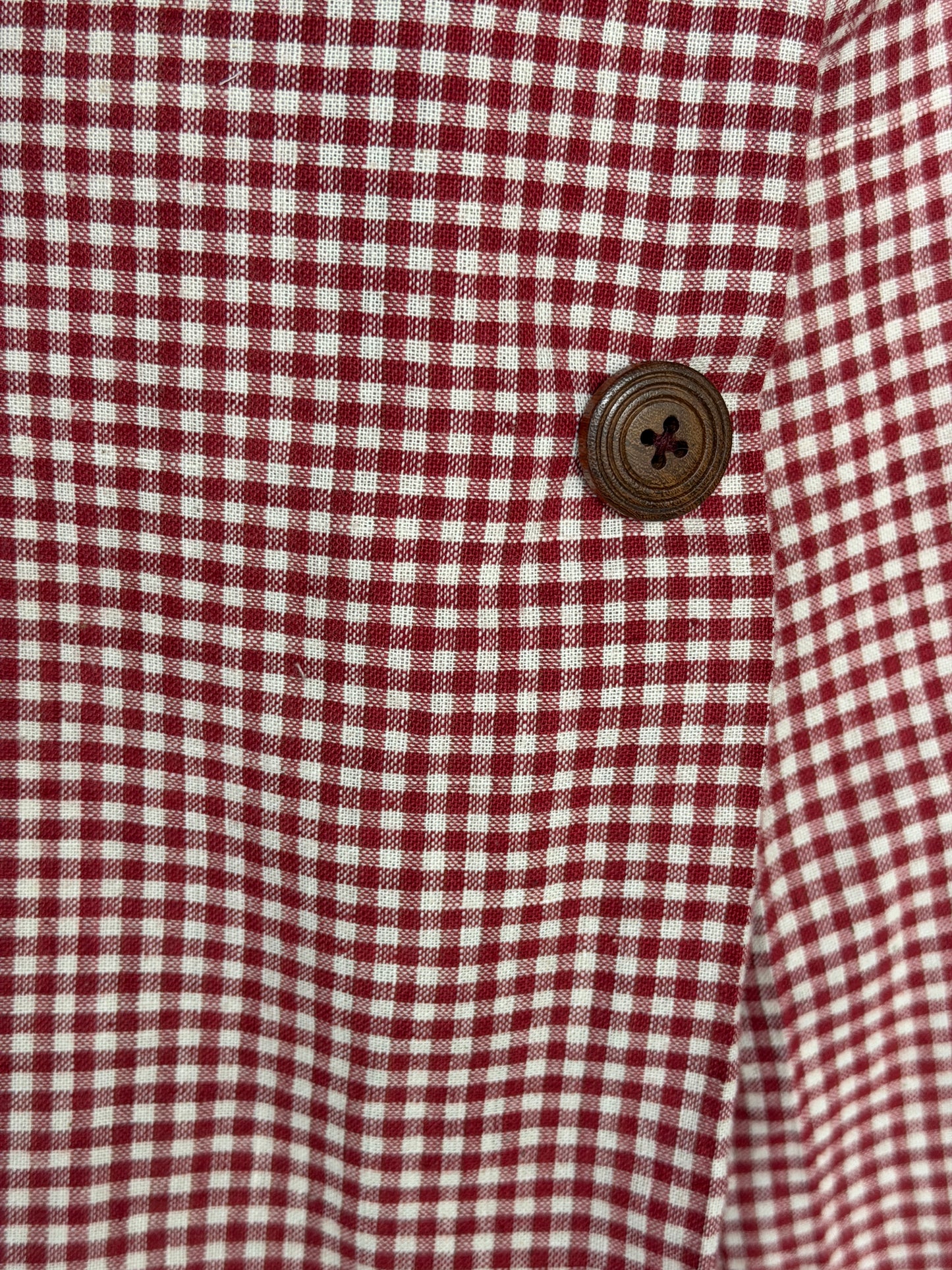 Red and white checks hand spun, hand woven, natural dyed cotton skirt with natural wooden buttons