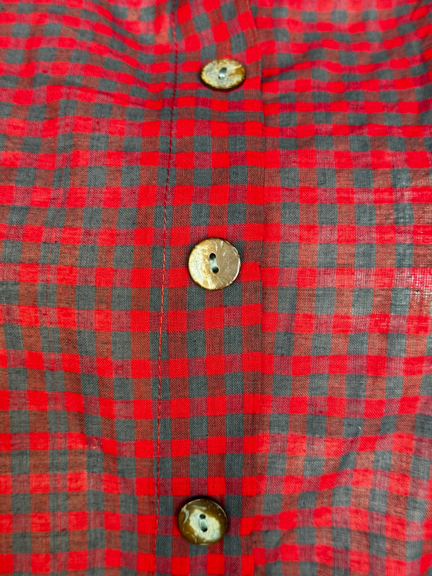 Red and grey checkered handloom cotton free size shirt with natural wooden buttons