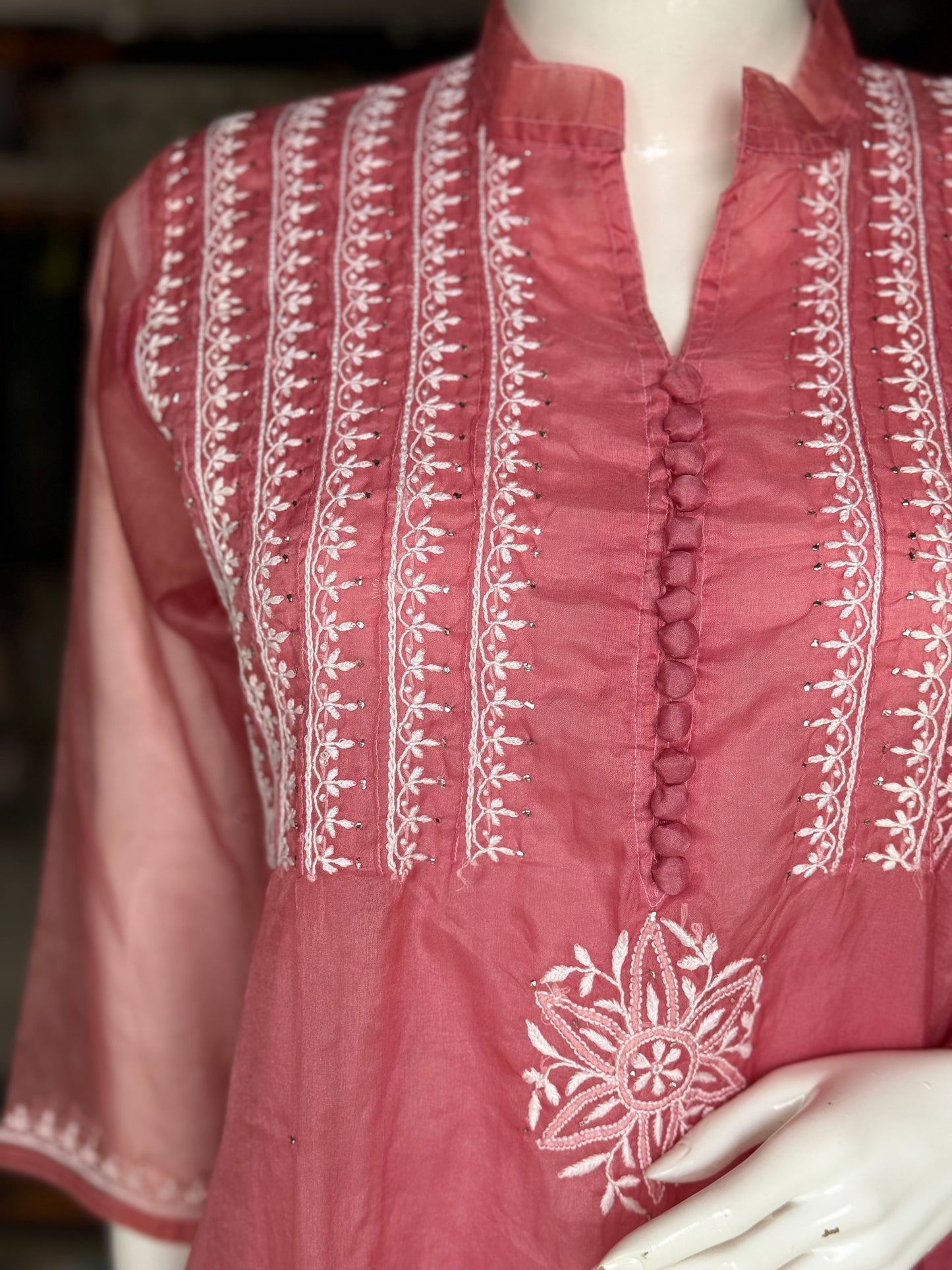 Pink chikankari hand embroidered crepe kurta / dress