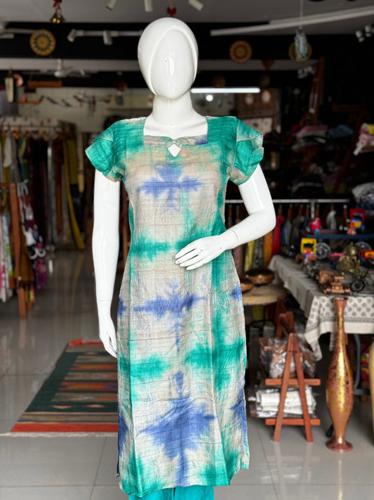 Green and blue clamp dyed handwoven tussar silk straight cuts kurta with petal sleeves and neck detailing