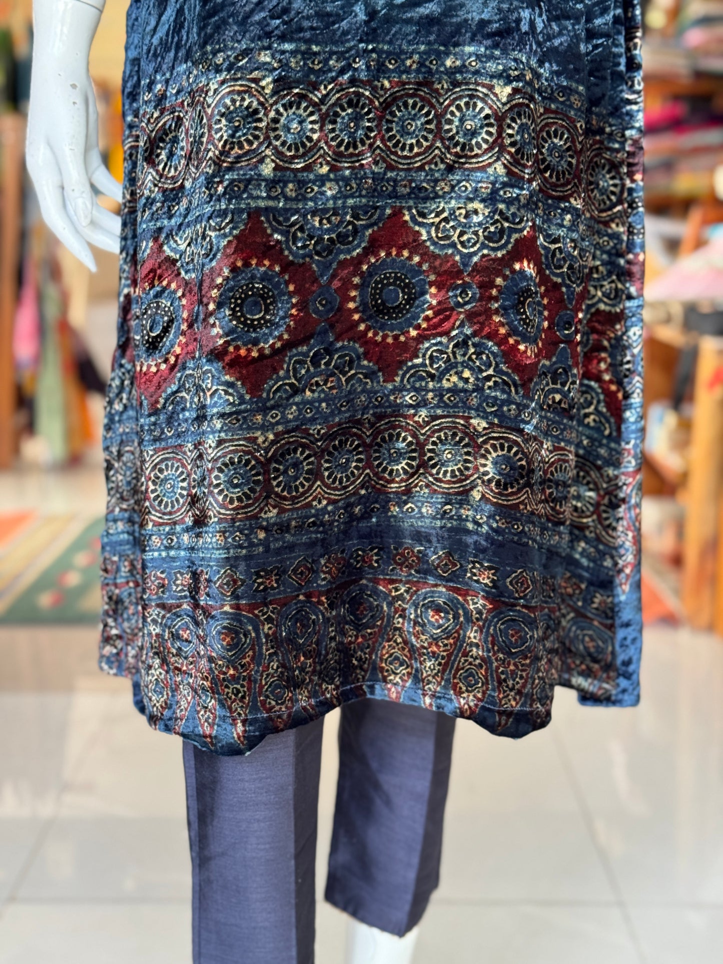 Blue velvet straight kurti with Ajrakh hand block prints - neck and hem detailing