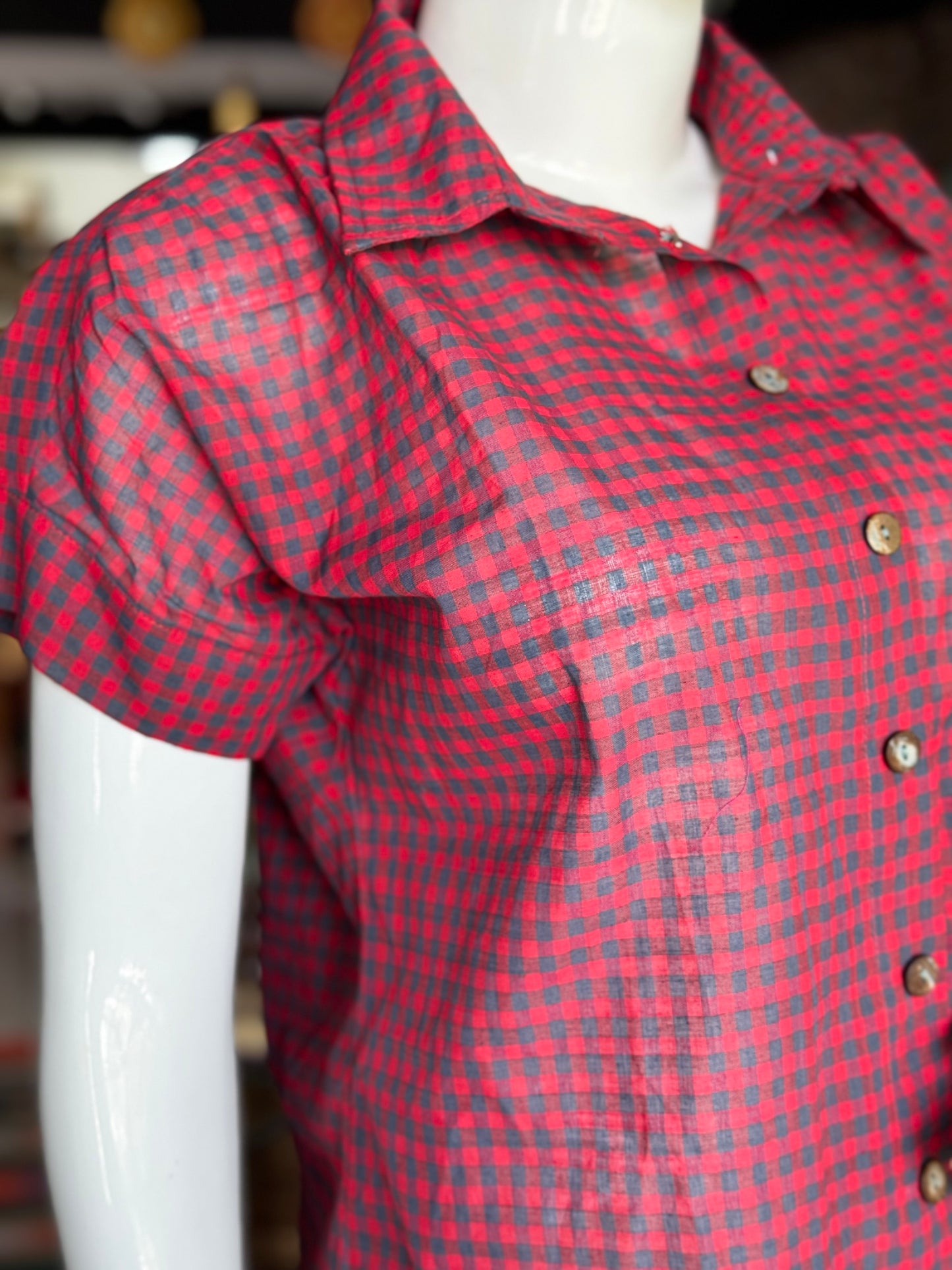 Red and grey checkered handloom cotton free size shirt with natural wooden buttons