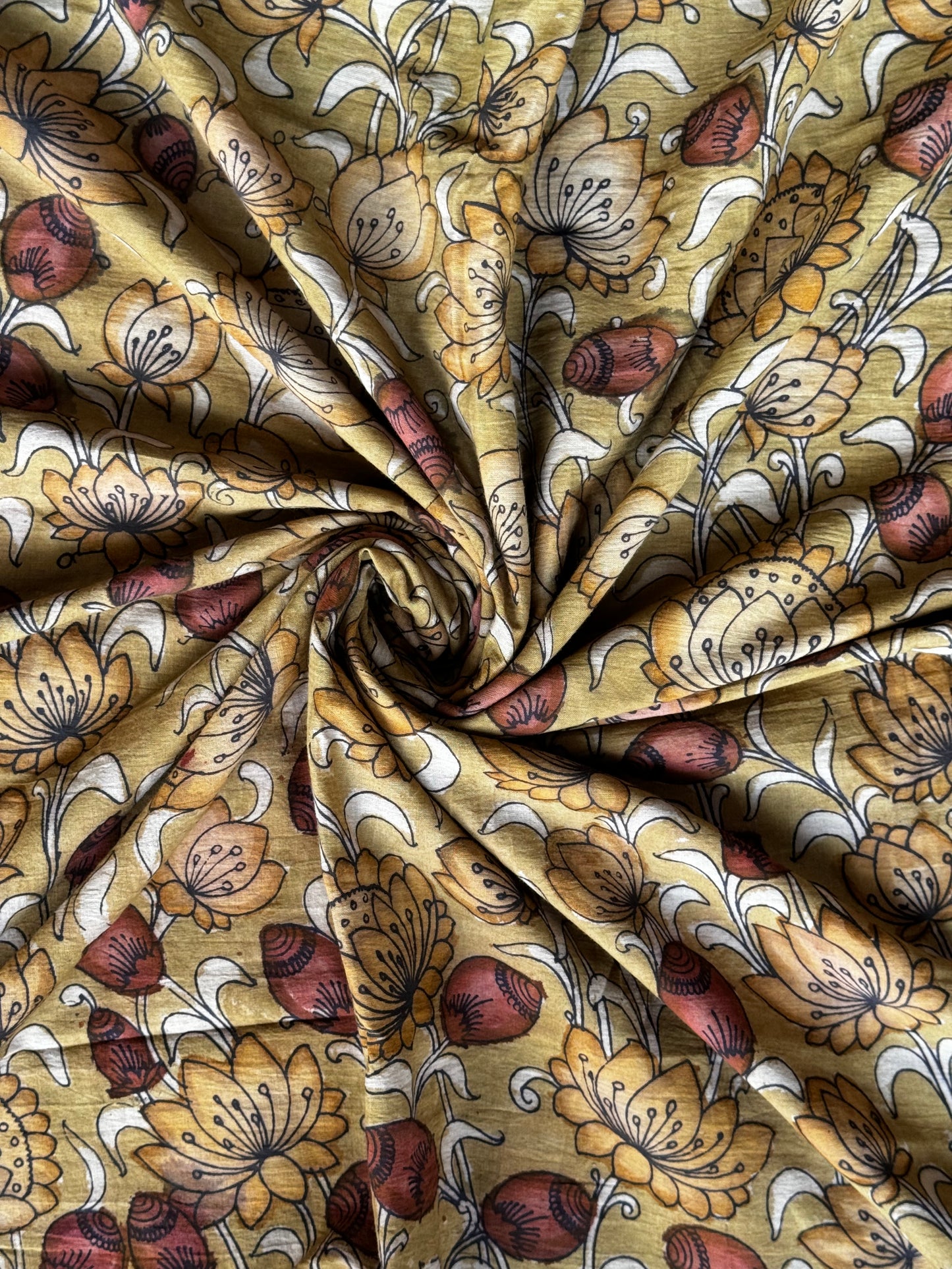 Green brown hand painted pen kalamkari floral design cotton fabric