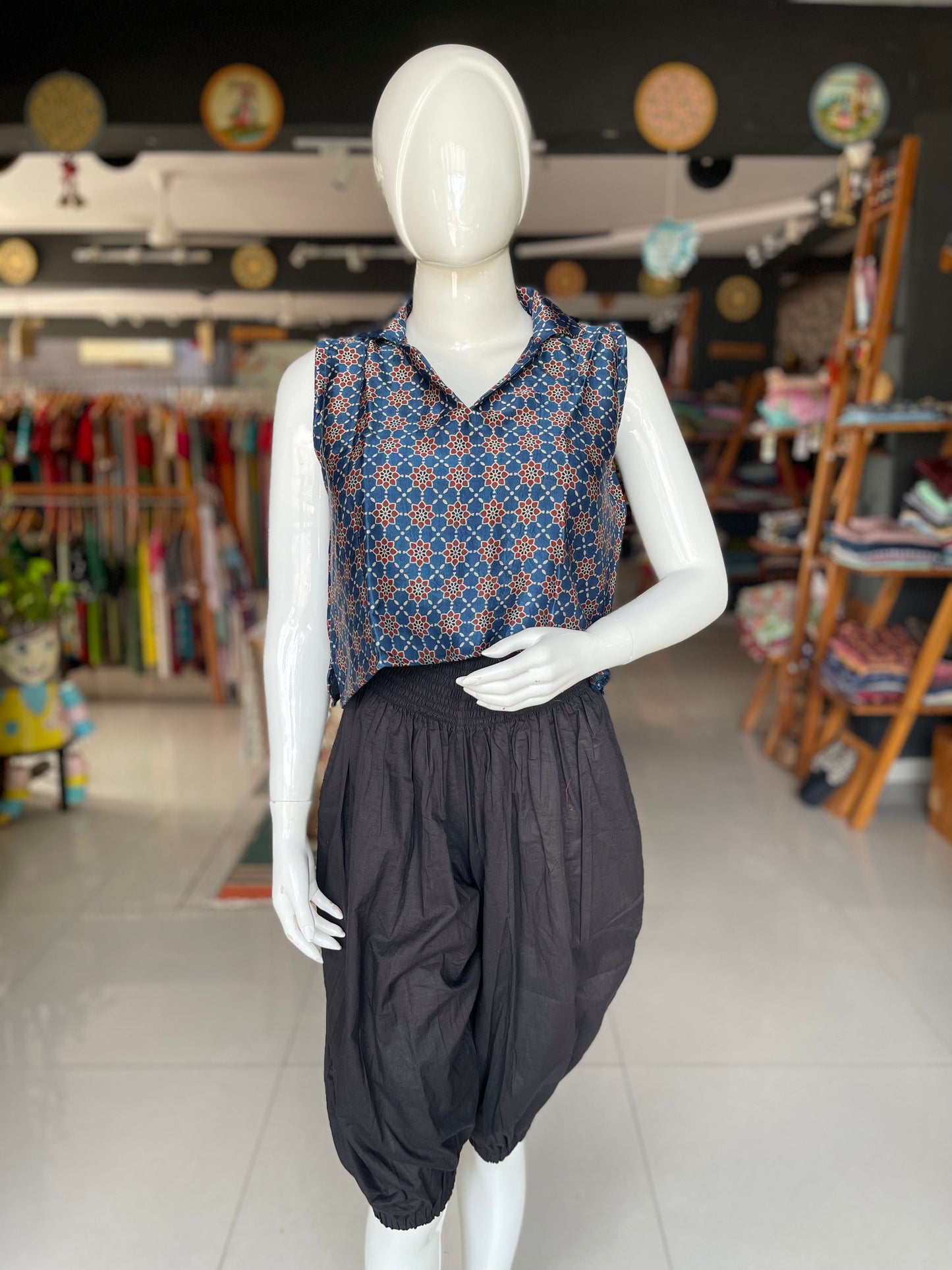 Mashru collared sleeveless crop top / blouse in Ajrakh hand block print