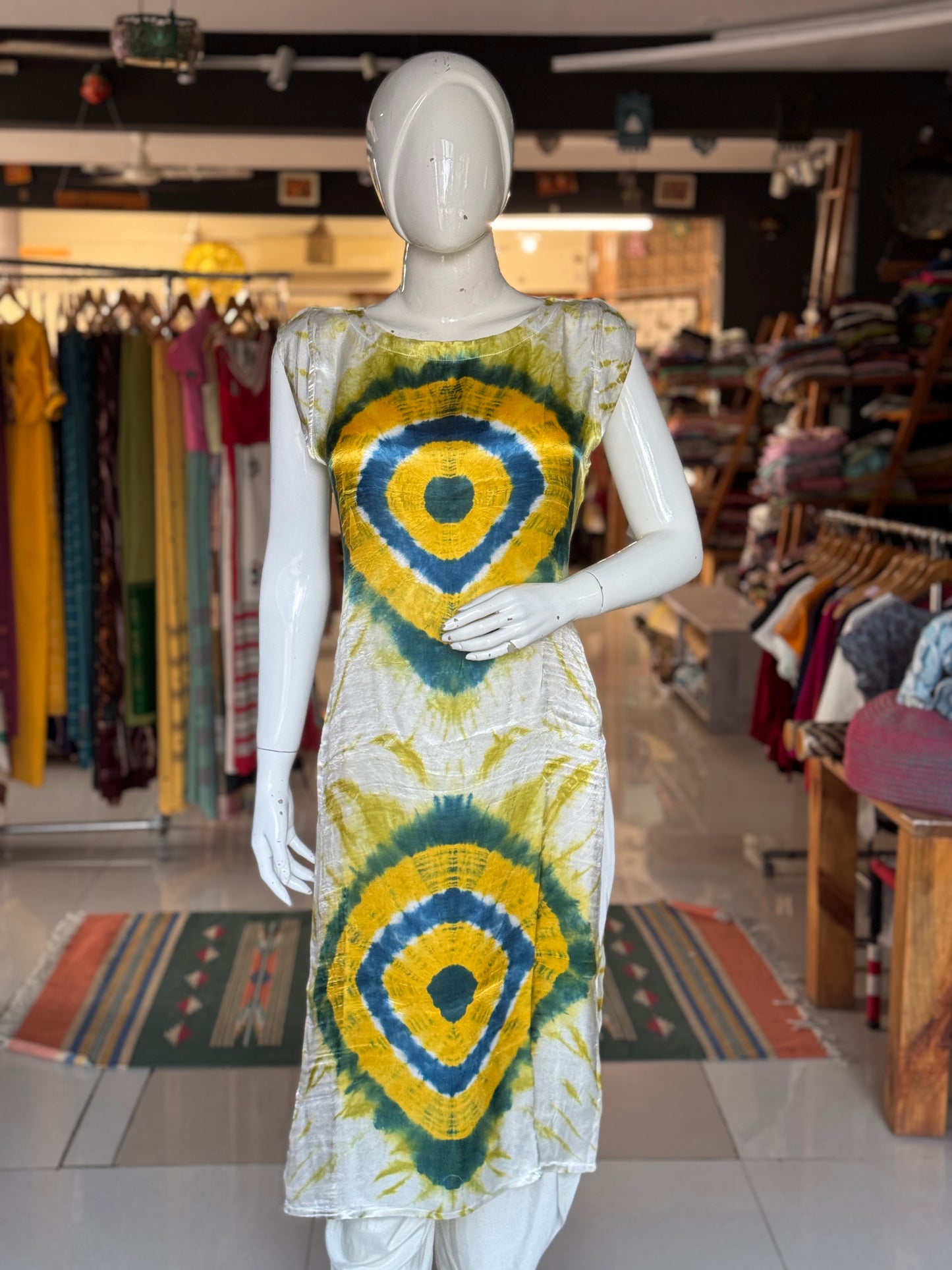 White, green, yellow, blue diamonds design soft modal tie n dye kurti