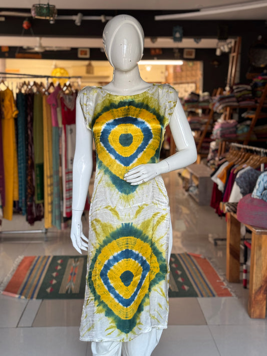 White, green, yellow, blue diamonds design soft modal tie n dye kurti
