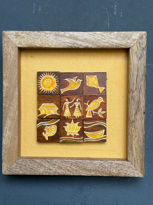 Brown and yellow 9 small adjustable magnetic square tiles - hand crafted wall decor with wooden frame