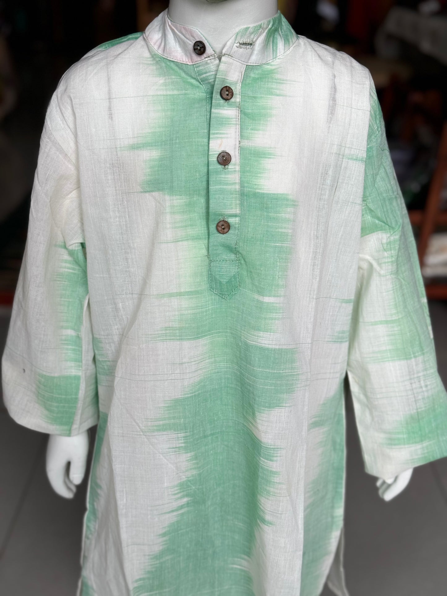 White and green cotton handwoven long kurta for boys with side placket