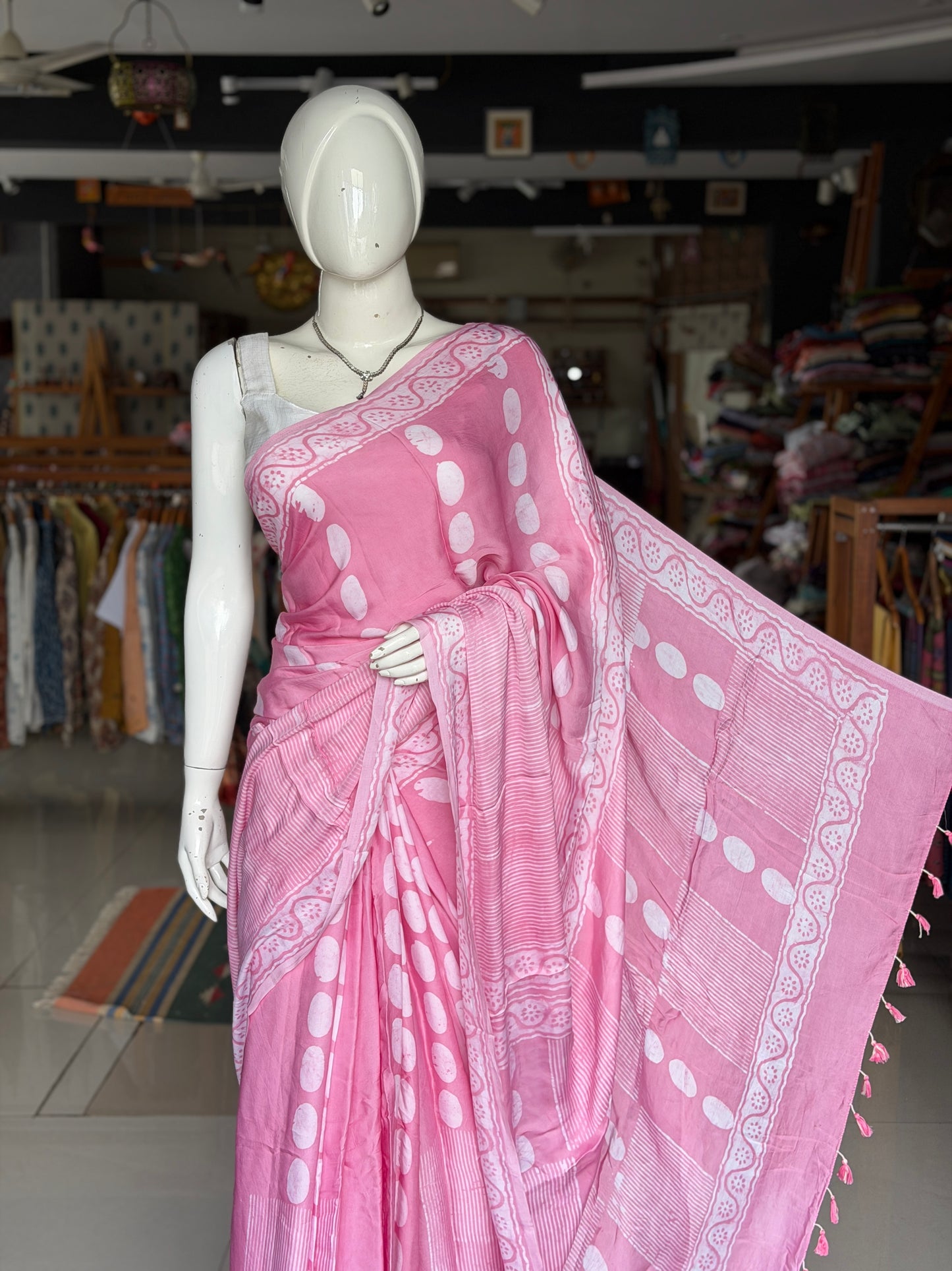 Soft pink hand batik flowy modal saree - circles and stripes