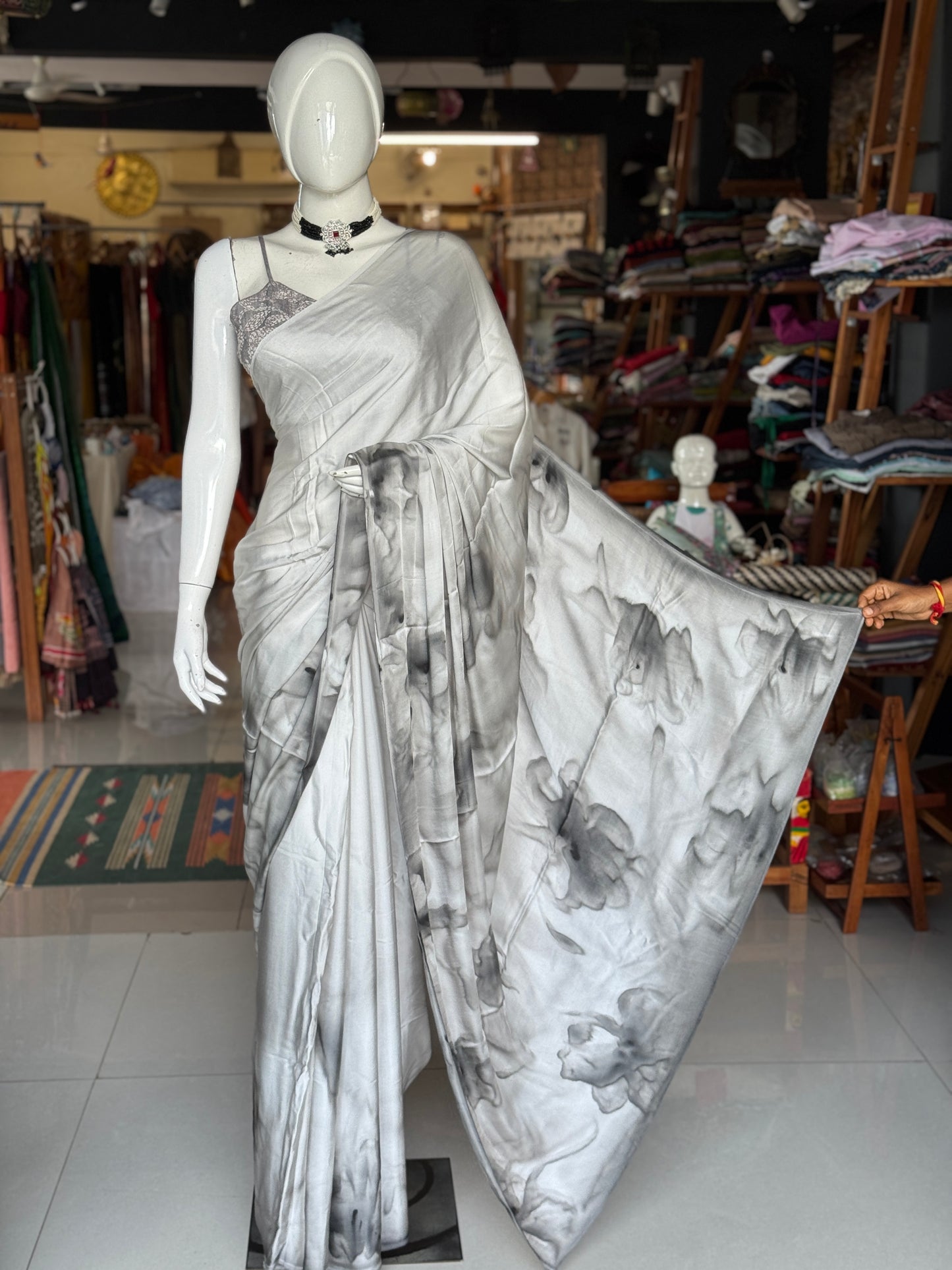 Shades of grey - floral design water colors hand painted soft n flowy modal saree