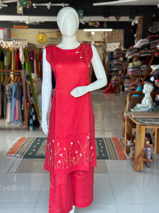 Red hand embroidered cotton kurta pants - 2 piece coord set